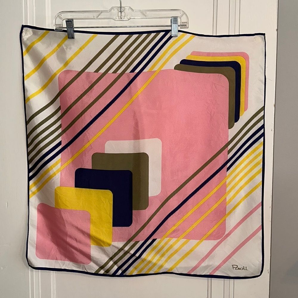 Vintage 60s/70s Paoli white,โ pink, navyโblue, green & yellow acetate scarf